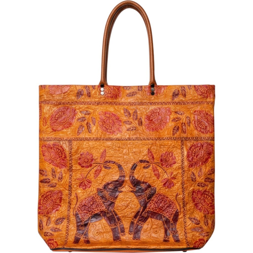 Shantiniketan Leather Tote Bag Elephant Tote Bag Large Tan Floral Boho Vintage
